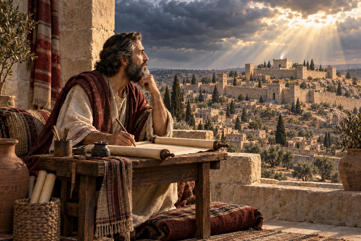The prophet Isaiah writing on a scroll while looking toward ancient Jerusalem.
